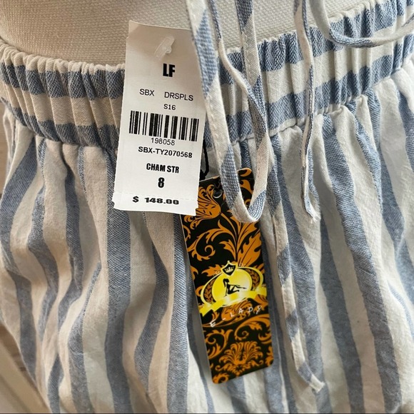 NEW! LF e-lady | Chambray Blue & White Stripe Strappy Open Back Romper 8 - Picture 7 of 12